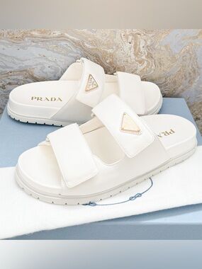 New! Prada White Napa Leather Double Strap Slide Sandals